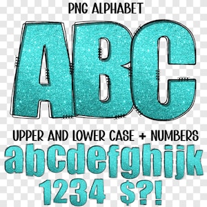 Download digital - Sublimação PNG - Pacote de clipart PNG Pacote de alfabeto - Letras e números - Fonte Doodle Stitch Glitter Teal