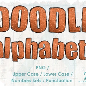 Téléchargement numérique - Sublimation PNG - PNG Clipart Bundle Alphabet Pack - lettres et chiffres - Doodle Stitch police Glitter Orange