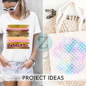May include: Two project ideas featuring colorful designs. A white t-shirt with a design of pink, gold, and brown stripes with leopard print accents. A white tote bag with a circular design of iridescent mermaid scales.
