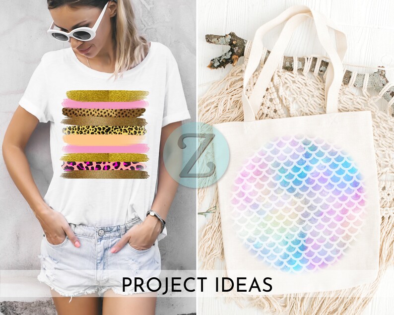 May include: Two project ideas featuring colorful designs. A white t-shirt with a design of pink, gold, and brown stripes with leopard print accents. A white tote bag with a circular design of iridescent mermaid scales.