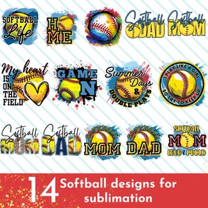 K&ouml;nnte beinhalten: 14 digitale Designs mit Softball-Grafiken und Texten wie "Softball Life", "Game On", "Summer Days & Double Plays" und "Softball Mom Loud & Proud".