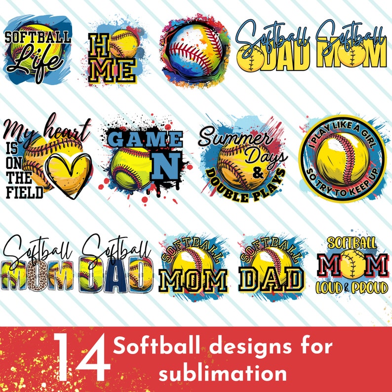 K&ouml;nnte beinhalten: 14 digitale Designs mit Softball-Grafiken und Texten wie "Softball Life", "Game On", "Summer Days & Double Plays" und "Softball Mom Loud & Proud".