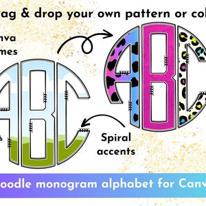 CANVA Doodle Alphabet frames template - drag and drop your own doodle monogram design! Editable Canva template for sublimation designs fonts