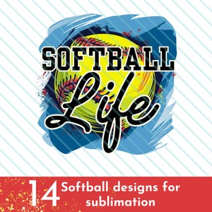 K&ouml;nnte beinhalten: Ein Grafikdesign mit einem gelben Softball mit roten N&auml;hten und einem blauen und wei&szlig;en Farbspritzer-Hintergrund. Der Text "Softball Life" ist in schwarzen Buchstaben.