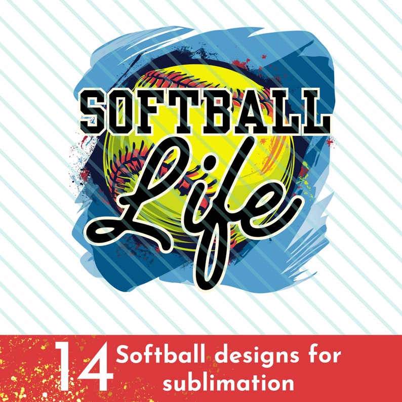 K&ouml;nnte beinhalten: Ein Grafikdesign mit einem gelben Softball mit roten N&auml;hten und einem blauen und wei&szlig;en Farbspritzer-Hintergrund. Der Text "Softball Life" ist in schwarzen Buchstaben.