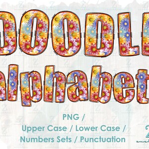 Sublimatie doodle steeklettertype zomer madeliefje - digitale download - sublimatie png - png clipartbundel alfabetpakket - letters en cijfers
