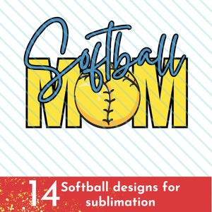 K&ouml;nnte beinhalten: Softball Mom Design mit einem gelben Softball und blauer Schrift. Das Design ist perfekt f&uuml;r Sublimations-Projekte.