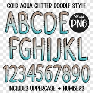 Alfabeto com glitter azul e dourado PNG, letras do alfabeto PNG, rabiscos desenhados à mão, designs de conjuntos alfa de sublimação PNG, alfabeto de sublimação