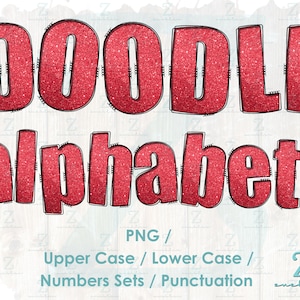 Digital Download - Sublimation PNG - PNG Clipart Bundle Alphabet Pack - Letters & Numbers - Doodle Stitch Font Glitter Red