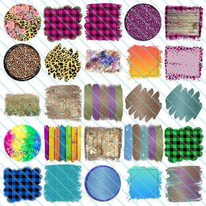 May include: A collection of 25 digital clipart images featuring various patterns, textures, and shapes. The images include plaid, glitter, wood grain, floral, and abstract designs. These digital graphics are perfect for crafting projects, scrapbooking, and digital design.