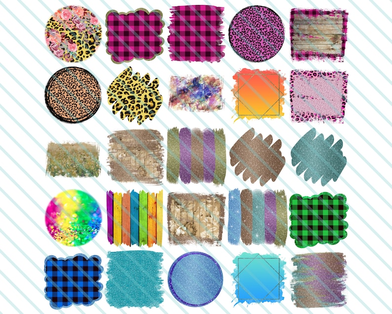 May include: A collection of 25 digital clipart images featuring various patterns, textures, and shapes. The images include plaid, glitter, wood grain, floral, and abstract designs. These digital graphics are perfect for crafting projects, scrapbooking, and digital design.