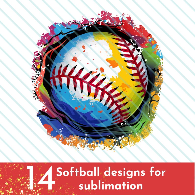 K&ouml;nnte beinhalten: Ein farbenfrohes abstraktes Design mit einem Softball mit roten N&auml;hten. Das Design ist perfekt f&uuml;r Sublimations-Projekte.