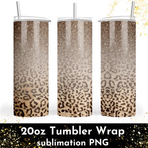 May include: A sublimation design for a 20 ounce tumbler featuring a gradient of brown glitter and a leopard print. The design is perfect for creating custom tumblers.