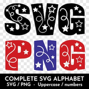 Party Stars Alphabet PNG en SVG, A-Z en cijfers SVG-bestanden, sterren svg-bundel voor feesten, prikborden, bekers, T-shirts, scrapbooking