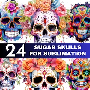 Sugar Skulls PNG Bundle für Dia de los Muertos | Day of the Dead x24 bunte Schädel in Aquarell Gemälde Stil | Sublimationspaket