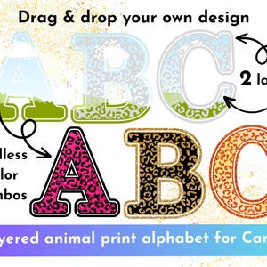 CANVA Layered Alphabet frames template - drag and drop your own animal print font design! Editable Canva template for sublimation designs