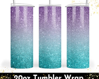 Lila turkos glitter ombre tumblersjal – 20oz smal sublimering PNG (digital design)