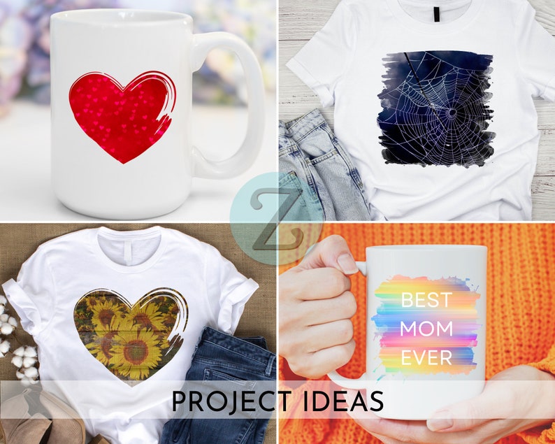 May include: Four project ideas featuring mugs and t-shirts with different designs. The first mug has a red heart with smaller red hearts inside. The second t-shirt has a black and white watercolor spiderweb design. The third t-shirt has a heart-shaped design with sunflowers. The fourth mug has a rainbow-colored design with the text "Best Mom Ever".