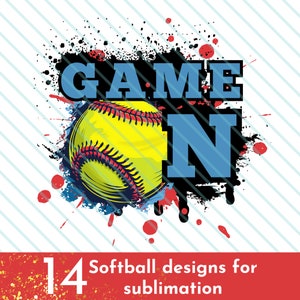 K&ouml;nnte beinhalten: Ein gelber Softball mit roten N&auml;hten befindet sich in der Mitte eines schwarzen und wei&szlig;en Spritzmusters. Die Worte "GAME ON" stehen in blauen und schwarzen Buchstaben &uuml;ber dem Softball.