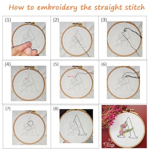 May include: A step-by-step guide on how to embroider a straight stitch. The image shows a close-up of a hoop with a letter A embroidered in black thread. The steps are numbered 1 through 8.