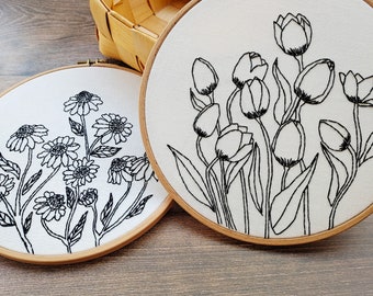DIY Craft Kit- Hand Embroidery Kit- Modern Floral Flower Pattern- Pre Print Fabric- Party Birthday Gift- Kids Craft- Needlework- Hoop Art