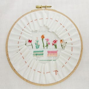 K&ouml;nnte beinhalten: Ein wei&szlig;er Stickrahmen mit einem floralen Muster, das mit rosa, rotem, orangefarbenem und gr&uuml;nem Garn gestickt ist. Das Muster enth&auml;lt das Wort "AWAKE" in gr&uuml;nem Garn. Der Rahmen ist von einem wei&szlig;en Stoff mit einem gekr&auml;uselten Rand umgeben.