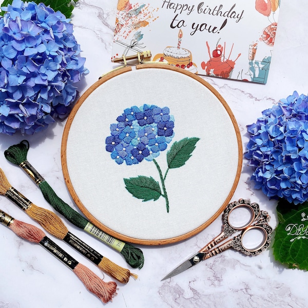 Hydrangea Flower Embroidery Kit- Hand Embroidery Kit- Floral Flower Pattern- Pre Print Fabric- Birthday Gift- Needlework- Hoop Art-Fabric