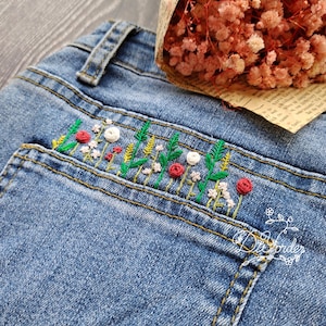 バラの花のポケット刺繍キット - ジーンズの刺繍ステッチ - ポケットの刺繍 - 刺繍布 - 刺繍パターン - 帽子の刺繍