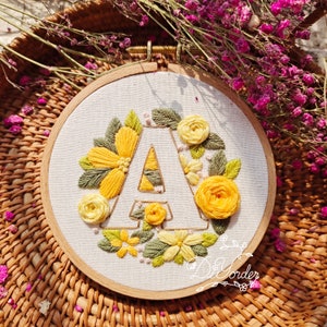 letter A Embroidery kit- Letter Embroidery with Flowers-Floral Alphabet Embroidery PDF Pattern + Video Tutorial-Birthday Gift-hoop art