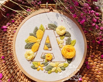 letter A Embroidery kit- Letter Embroidery with Flowers-Floral Alphabet Embroidery PDF Pattern + Video Tutorial-Birthday Gift-hoop art