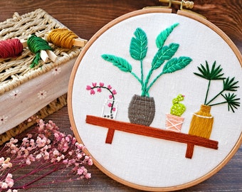 Planta DIY Craft Kit- Kit de bordado a mano- Floral flor patrón- Pre impresión tela- fiesta cumpleaños regalo- niños artesanía- aguja- arte del aro