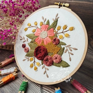 赤いバラの刺繍キット - 手刺繍キット - モダンな花柄 - プリント済み生地 - 誕生日プレゼント - 針仕事 - フープアート - 刺繍