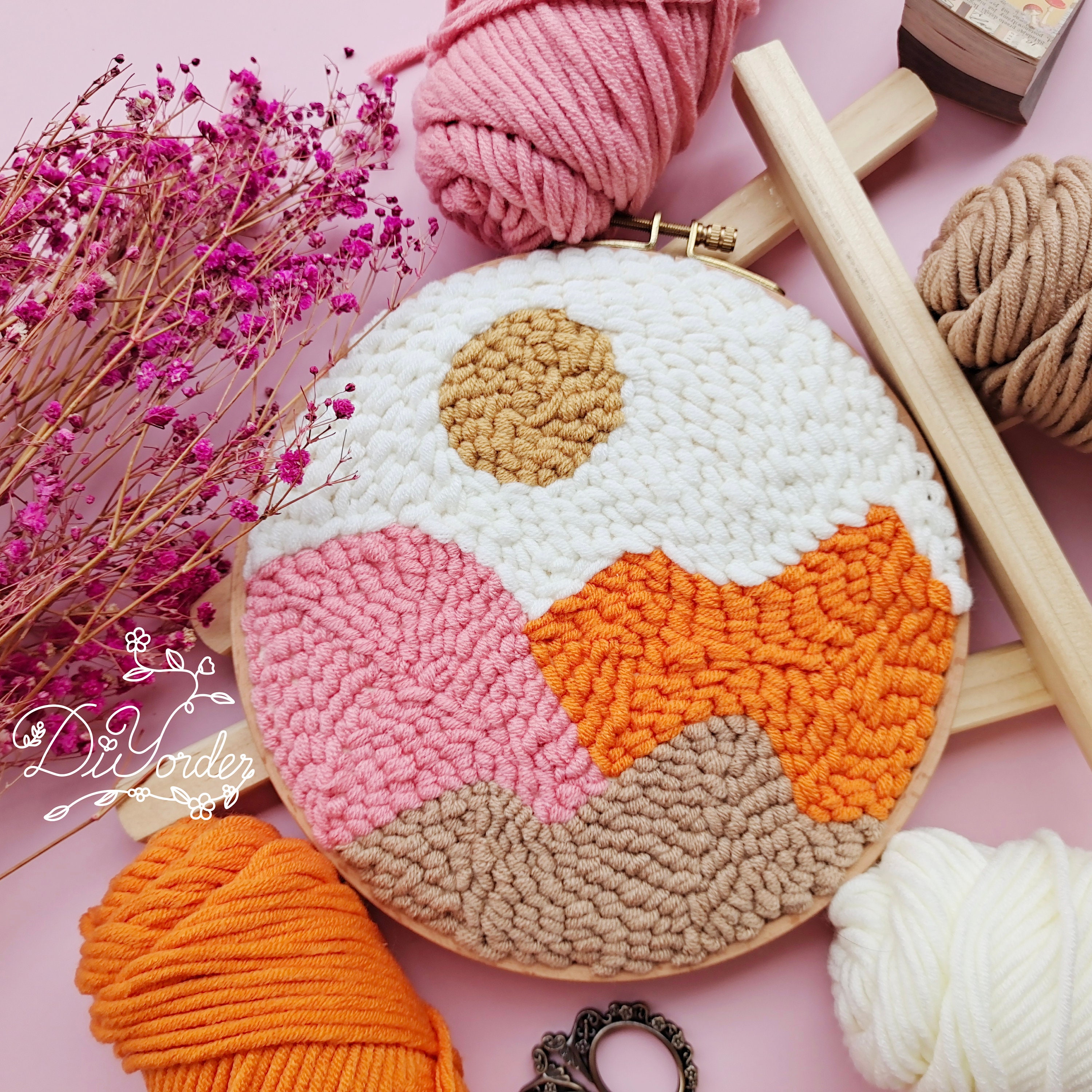 Rose Mini Punch Needle Kit - Includes Punch Needle Tool, 100% Wool Yarn, 8 inch Beech Wood Hoop, and More