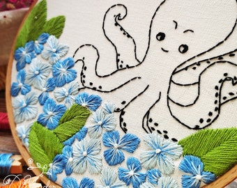 Octopus Embroidery- Hydrangea Handmade Embroidery-Sewing kit at home-Mother's Day gift-Birthday gift- Kids Craft-Needlework Kit-Wall Decor