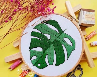 Neue Monstera Stickdatei- Geburtstagsgeschenk-handgemachte Stickerei-Stoff-Wanddekoration-Pflanzen-Embrodiery