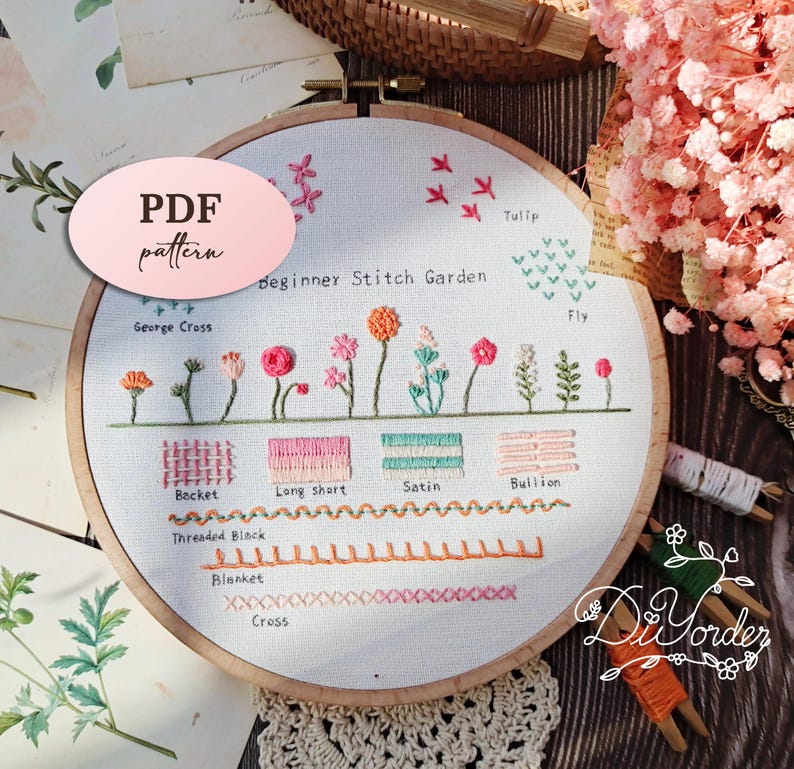 K&ouml;nnte beinhalten: Ein wei&szlig;er Stickrahmen mit einem Stickgarten-Design f&uuml;r Anf&auml;nger. Der Rahmen enth&auml;lt eine Vielzahl von Stichen, darunter den R&uuml;ckstich, den langen und kurzen Stich, den Satinstich und den Bouillonstich. Der Rahmen enth&auml;lt auch verschiedene Blumenmuster, darunter Tulpen, Fliegen und das Georgskreuz.