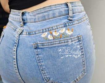 Pocket flower kit-Hand embroidery stitch on Jeans-Embroidery starter kit on pocket-Embroidery cloths-Embroidery Pattern-Birthday gift