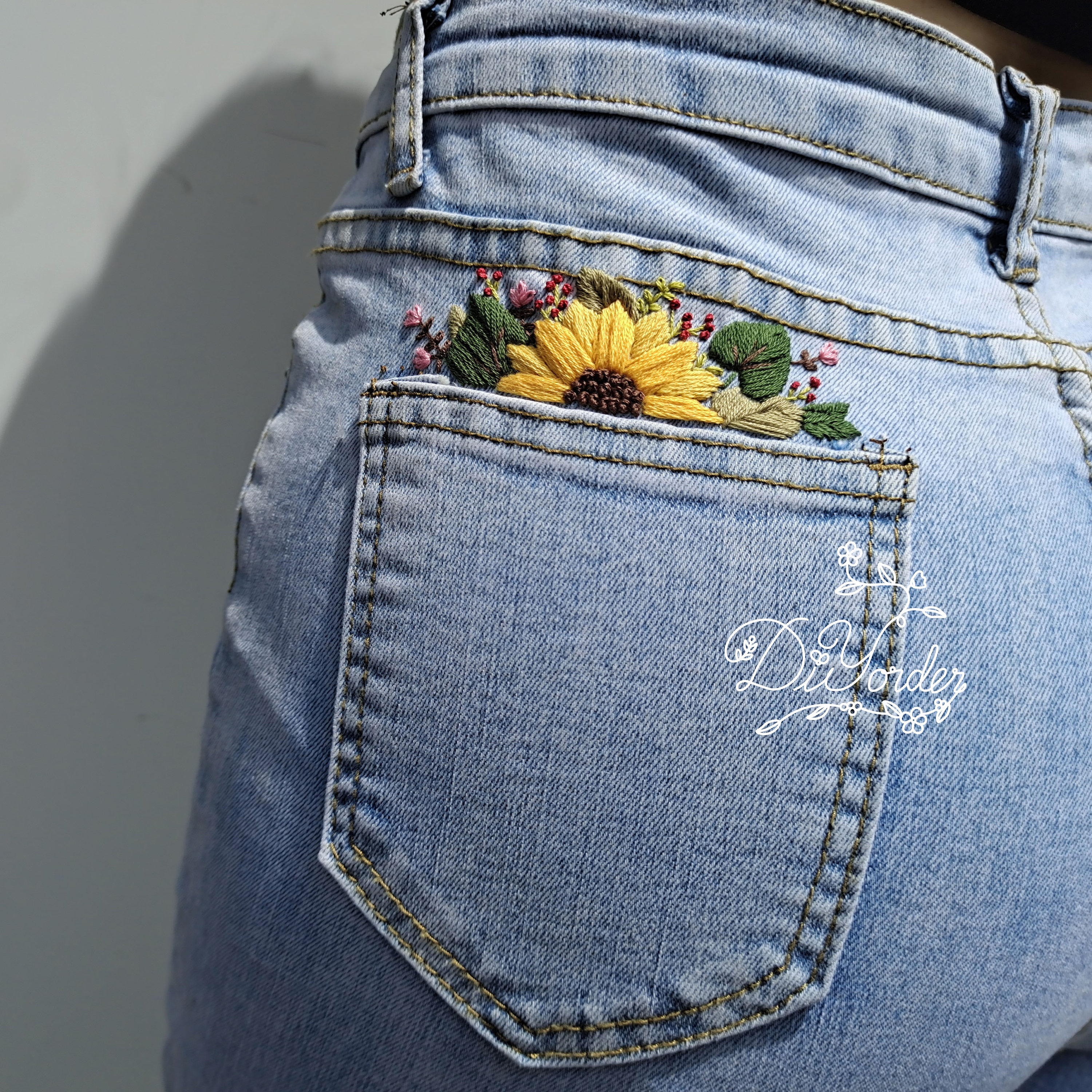 Sunflower Pocket Embroidery kit embroidery stitch on Jeans Embroidery on pocket Embroidery cloths Embroidery Pattern gift Hat embroidery