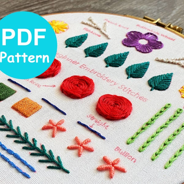 Beginner Embroidery Pattern. Beginner Embroidery PDF. Basic Embroidery Stitches Tutorial. PDF Embroidery Pattern. Digital Instant download