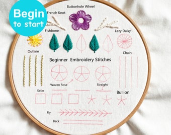 Beginner Embroidery Kit-Learn 10 different stitches-Embroidery kit beginner-How to start embroidery-fabric-needle kit-birthday gift-handmade