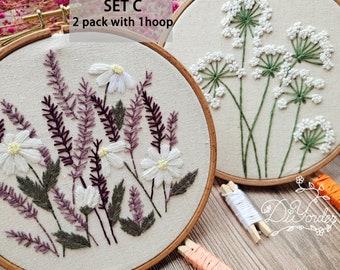 2 Pack DIY Beginner Borduurpakket - Bloemenbloempatroon - Pre Print Stof - Borduurpakket Beginner - Hoepelkunst - DIY Craft Kit - Verjaardagscadeau