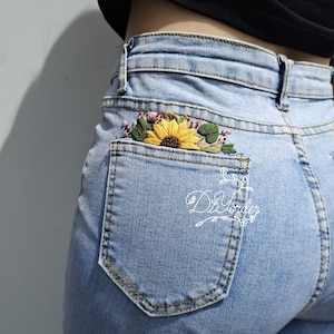 Sunflower Pocket Embroidery  kit-embroidery stitch on Jeans-Embroidery on pocket-Embroidery cloths-Embroidery Pattern-gift-Hat embroidery