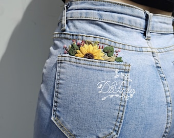 Sunflower Pocket Embroidery  kit-embroidery stitch on Jeans-Embroidery on pocket-Embroidery cloths-Embroidery Pattern-gift-Hat embroidery
