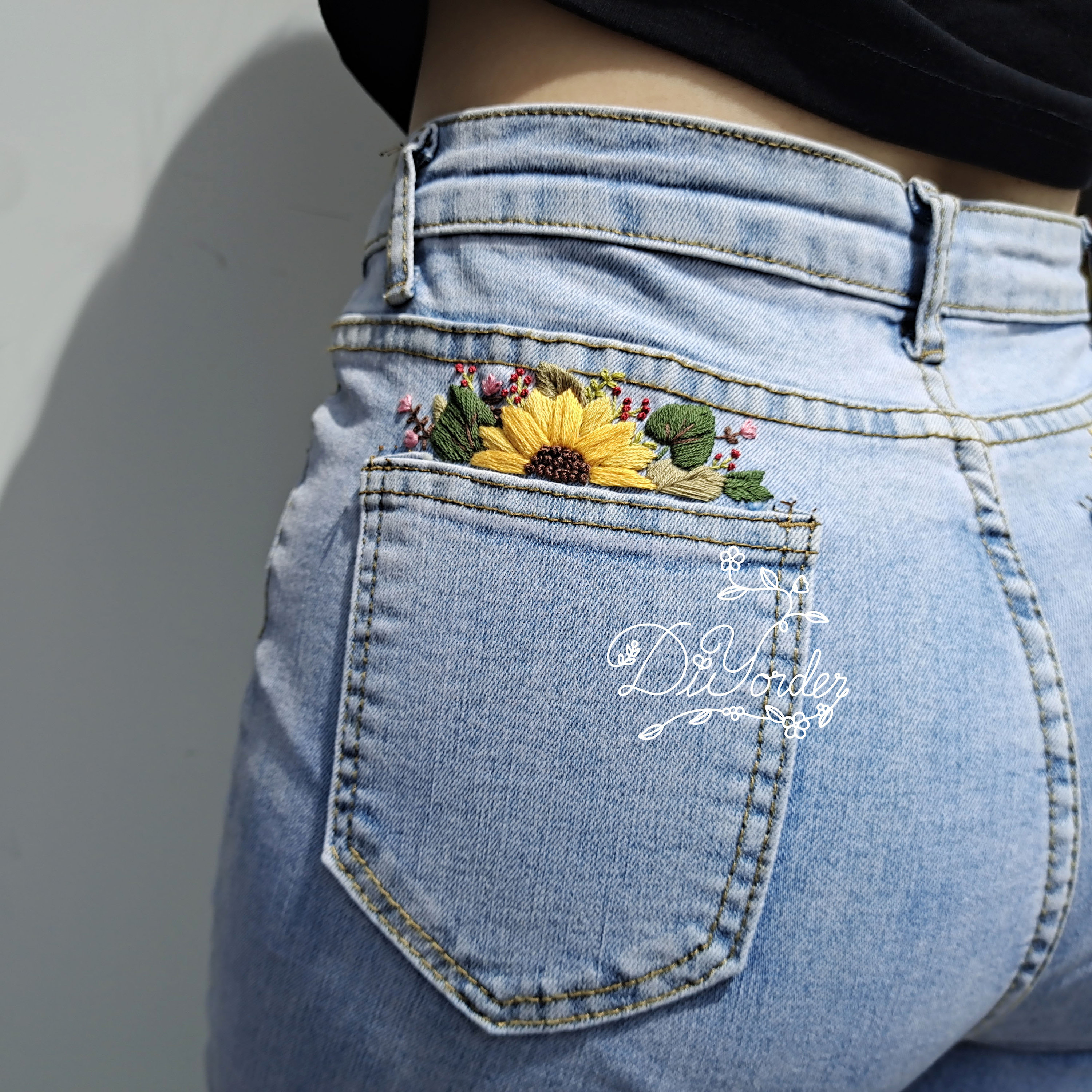 Sunflower Dark Blue Denim Mexican Floral Embroidery Jean -  UK