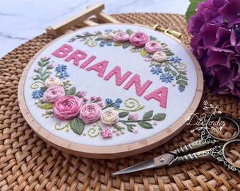 Pink Rose Flower Name Embroidery Kit: DIY Floral Personalized Embroidery