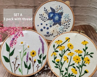 3 packs Mother's Day Gift -DIY Craft Kit- Embroidery Kit- Modern Floral Flower Pattern-Print Fabric-Party Birthday Gift-Needlework- Hoop Art