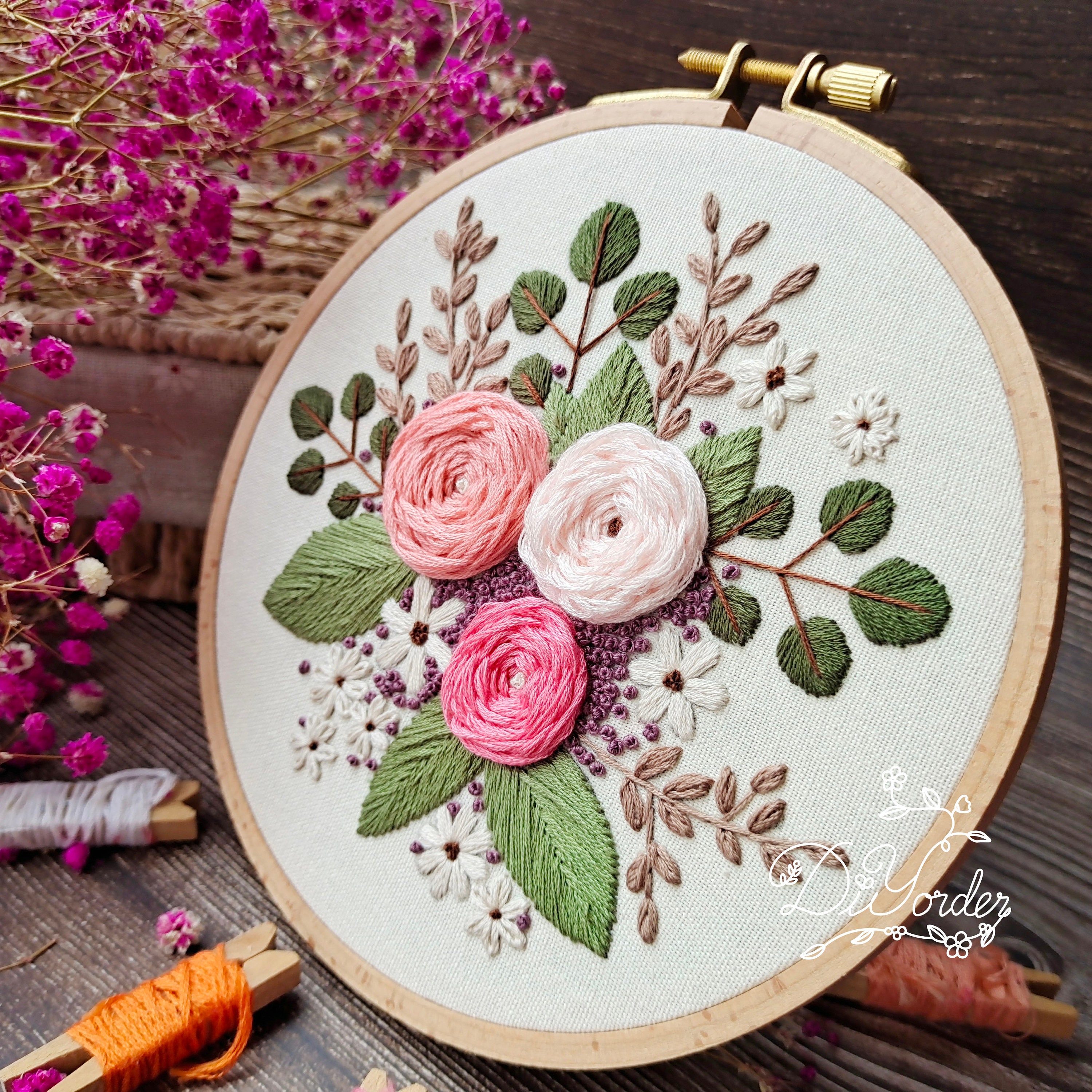 【高知インター店】 Embroidery-diy Flower Floral Modern Kit- Embroidery Beginner ヘアアクセサリー