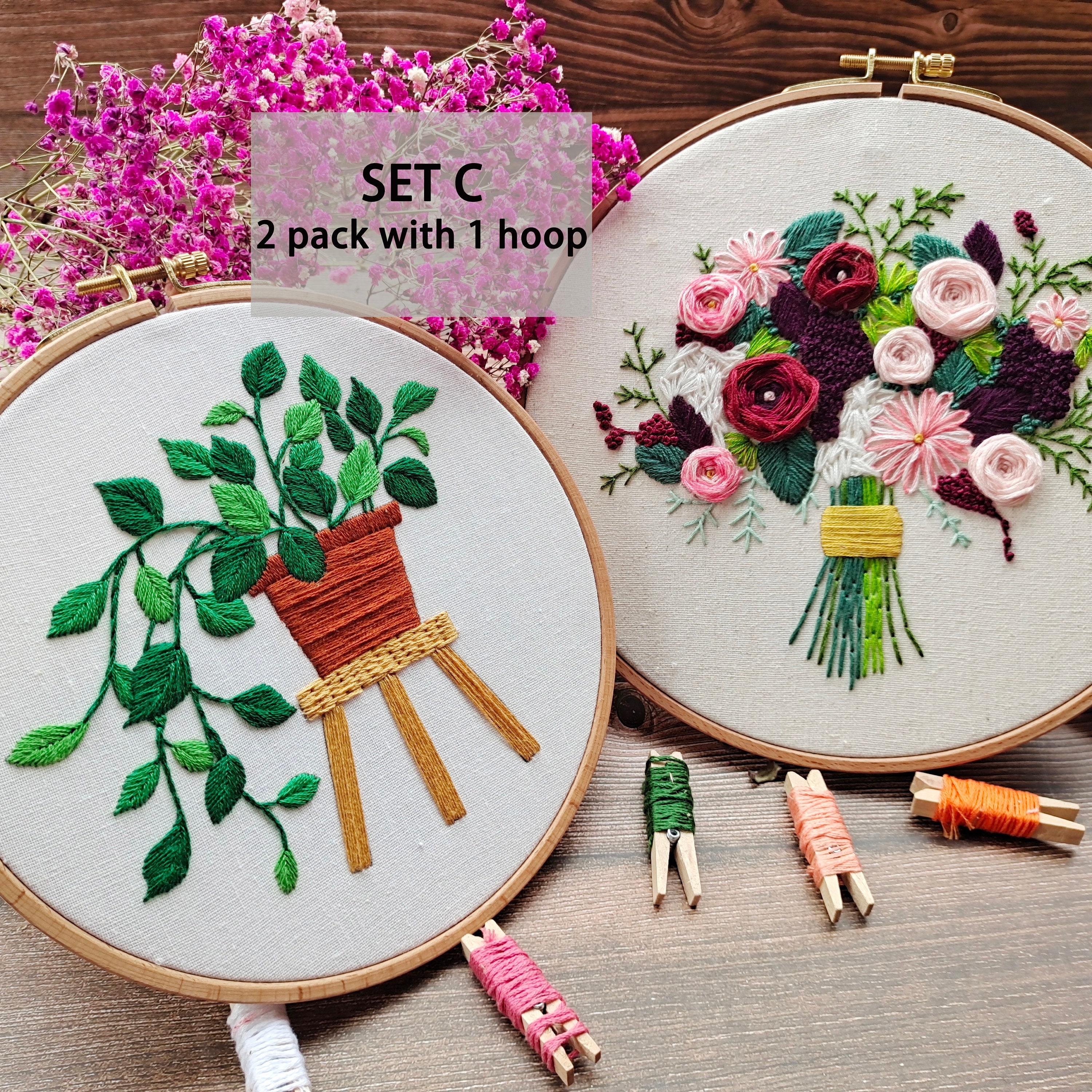 Flower Embroidery DIY Kit: Modern Floral Pattern, Pre-print Fabric