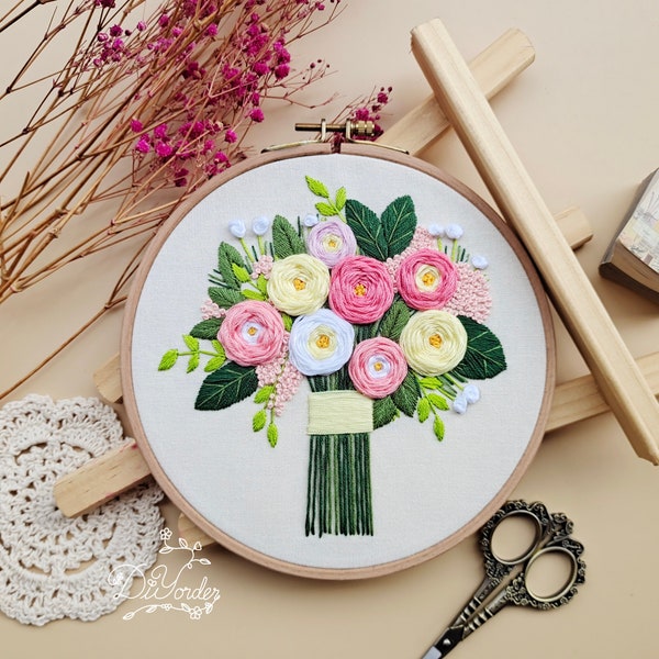 Bouquet Flower Embroidery - gifts to lover-Embroidery hoop art- Party gift- embroidery hoop decor-Needlework Kit-Birthday Gift