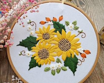 Broderie de tournesol-Broderie faite à la main -Kit de broderie -Décor mural-Cadeau d'anniversaire-Kit de couture-Kids Craft-Handmade with love-Kit de couture